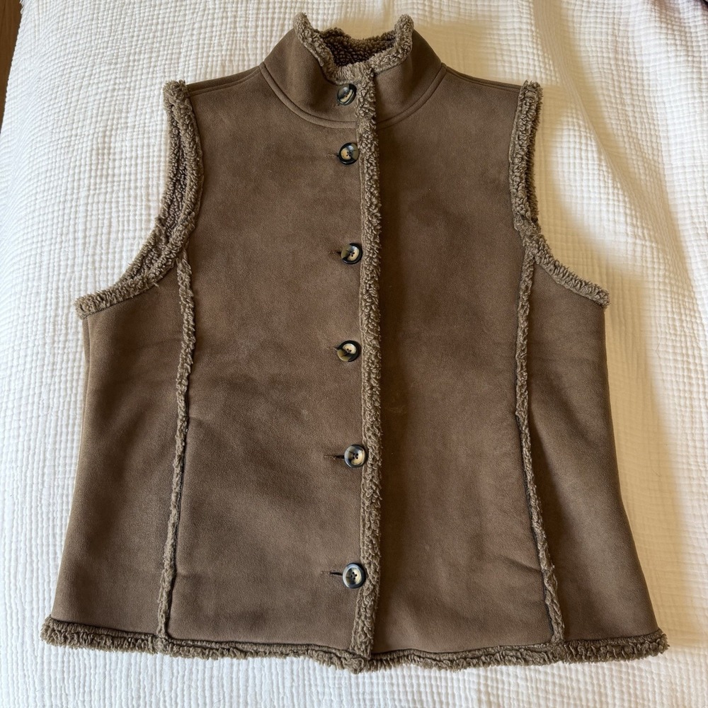 L.L.Bean Brown Button Front Shearling Faux Suede Mid-Length Vest Women's (L) VTG